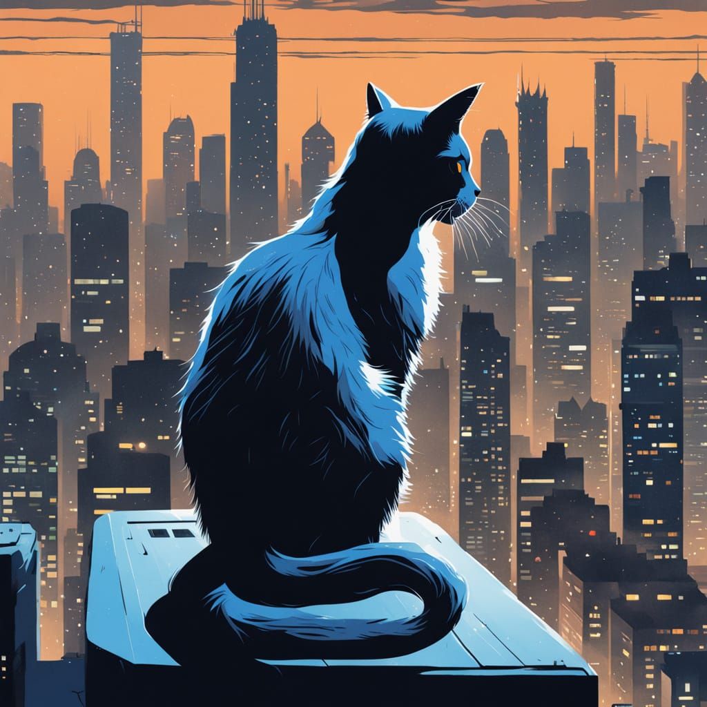 Cat Silhouette Over Neon Cityscape: Sci-Fi Brush Art