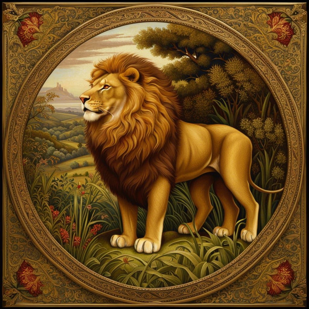 Radiant Lion Portrait in Pre-Raphaelite Style