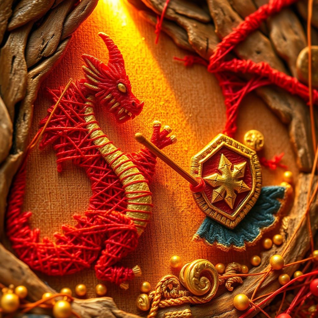 Red Dragon and Warrior in String Art Style