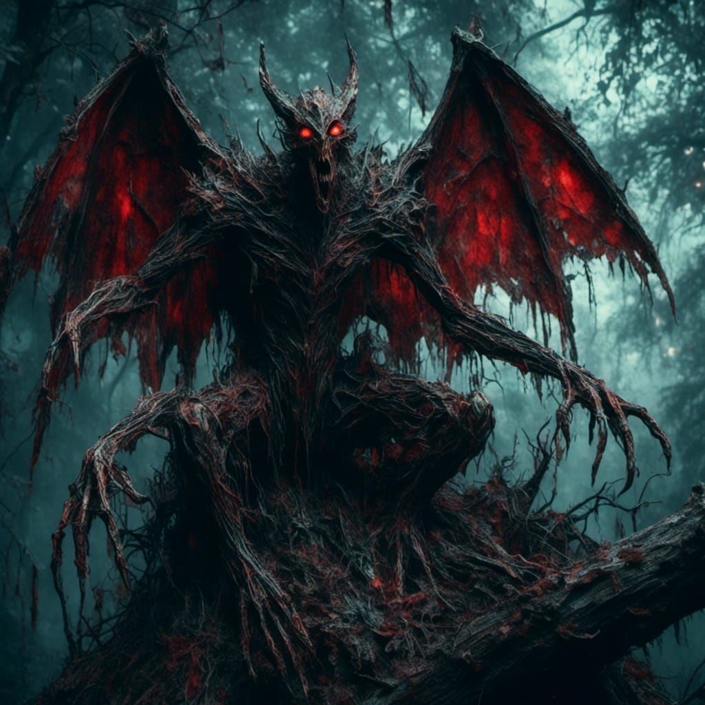 Ominous Monster Perched in Tree, Dark Fantasy Art