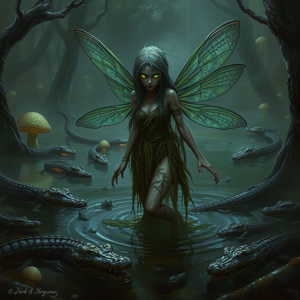 Ethereal Swamp Fairy Emerges from Bayou in Dark Fantasy Styl...