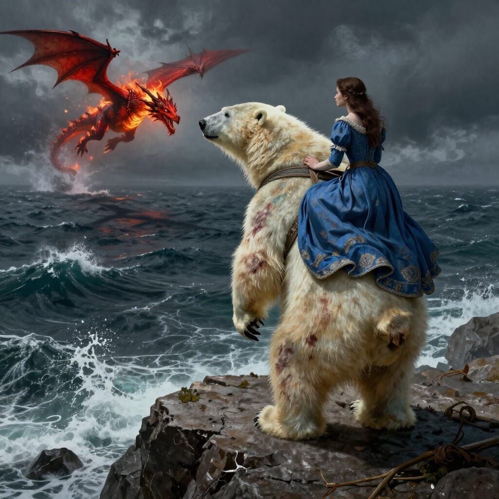 Polar Bear Carries Sorceress Facing Dragon Over Stormy Sea