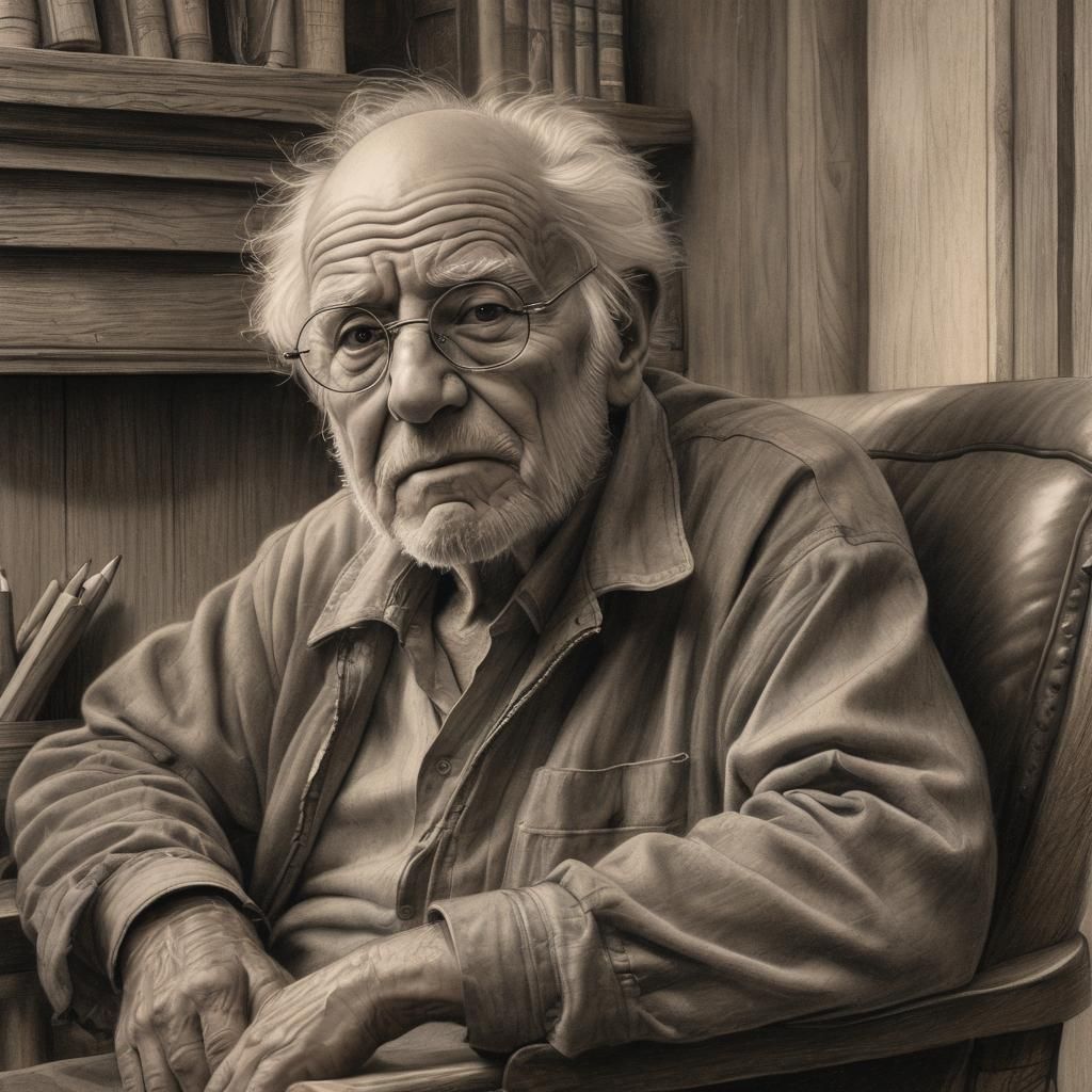 Wise Old Man in Rustic Study, Detailed Pencil Sketch