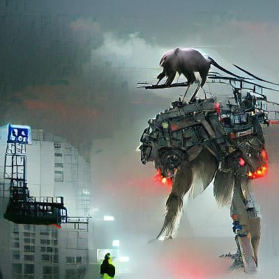 Giant Cyberpunk Mech Animal in Sci-Fi Cityscape