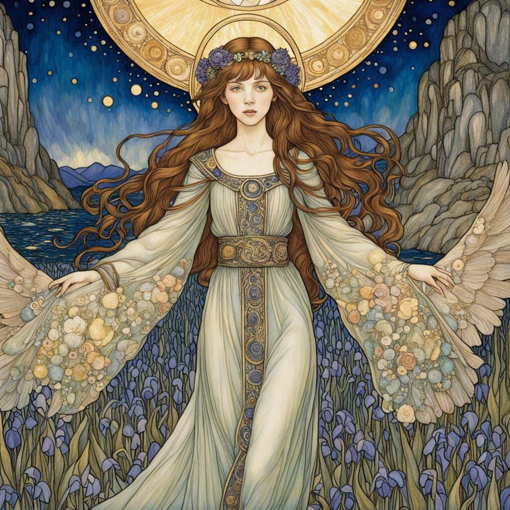 Ethereal Goddess of the Rainbow Ascends on Cloudy Mountainto...