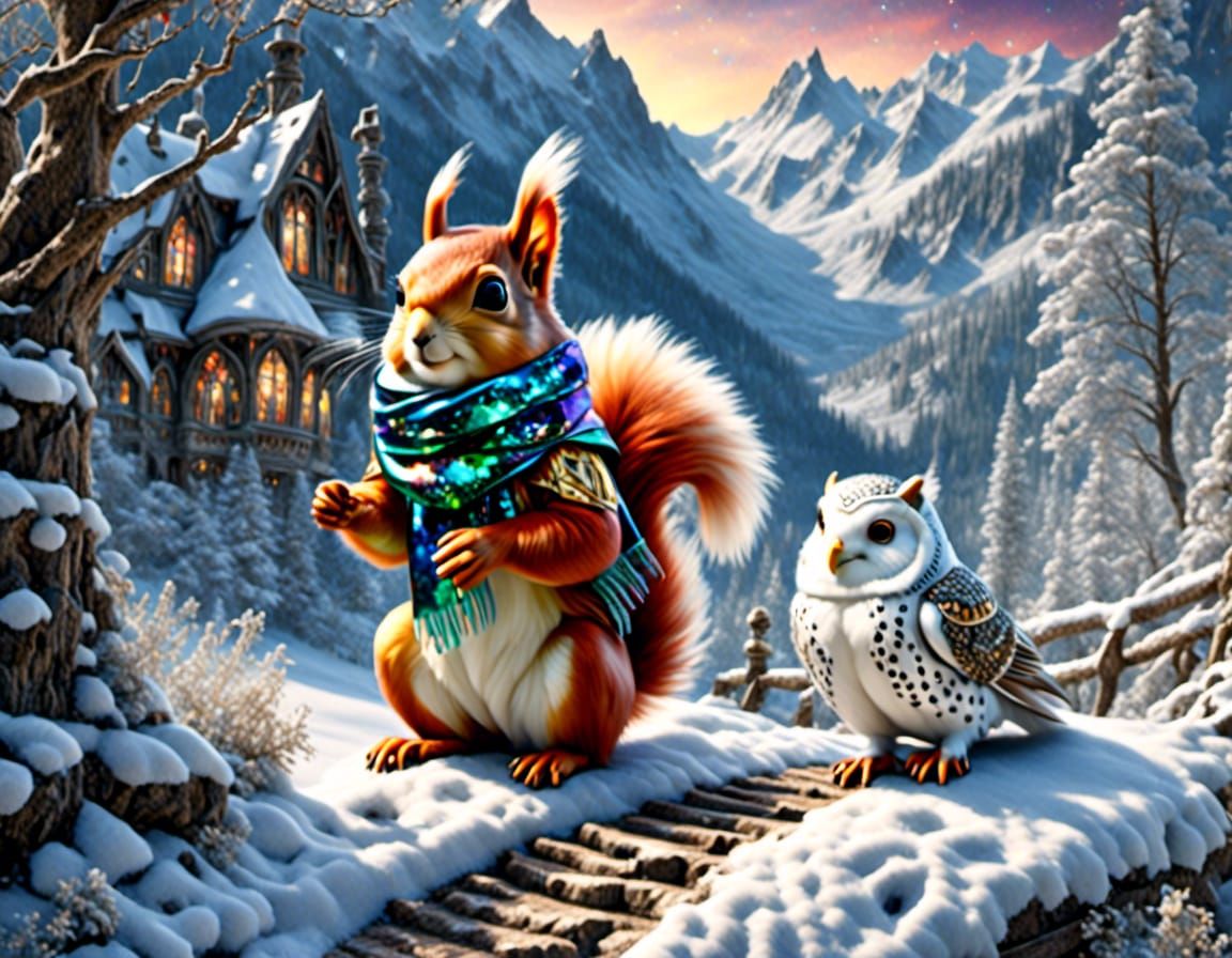 Squirrel and Owl Winter Mountain Scene
