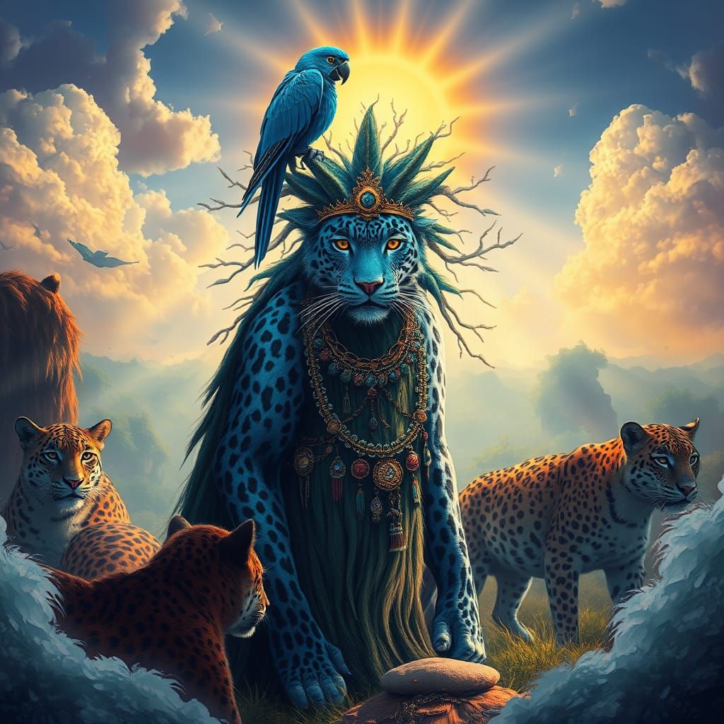 Leopard Shaman with Parrot in Dreamlike Landscape