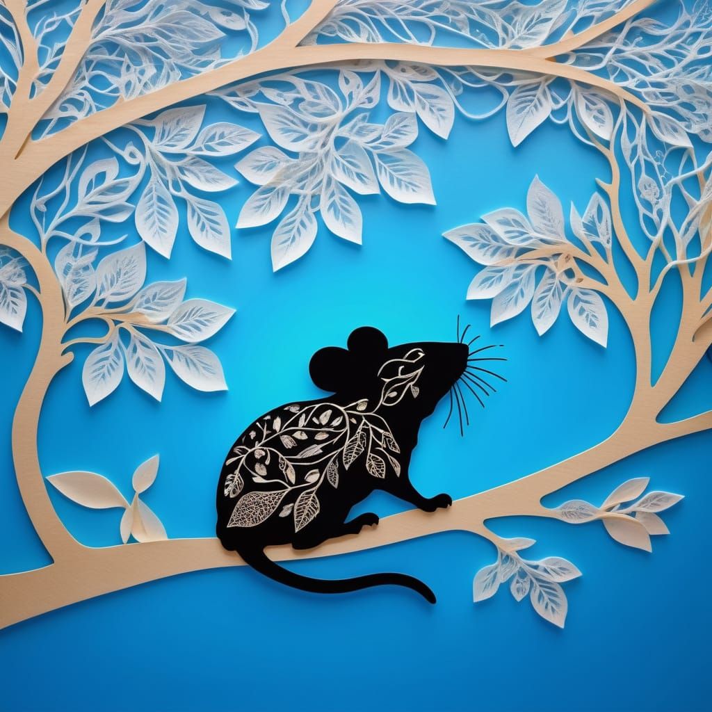 Whimsical Papercraft Art of Mouse and Leaf Silhouette