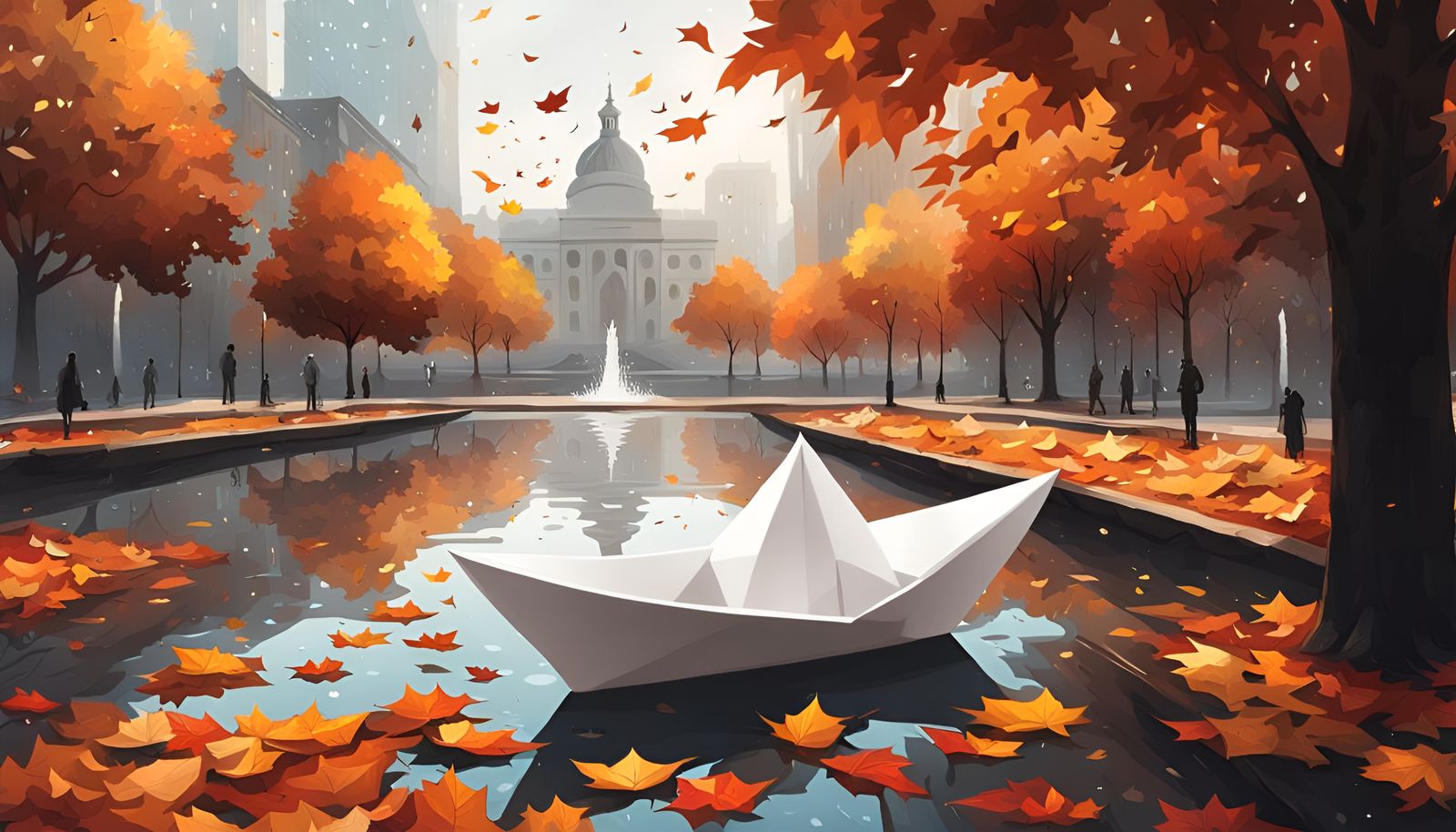 Autumn Park Fountain with Paper Boats, Alena Aenami Style