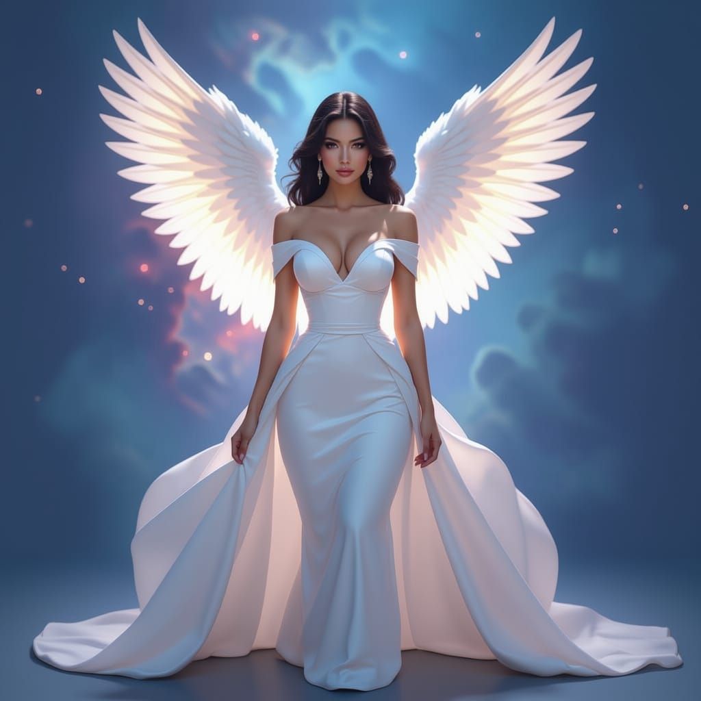 Angelic Woman with Large Wings and Flowing Dress
