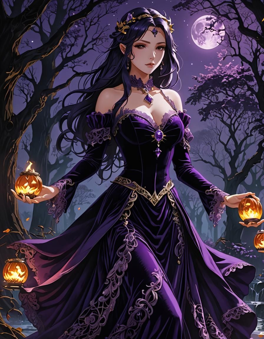 Elegant Figure in Royal Purple Velvet Dress