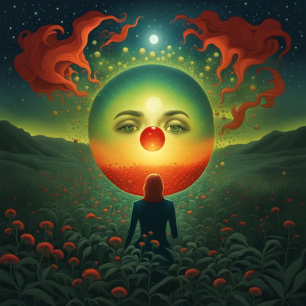 Surreal Red Woman in Weed Field at Night