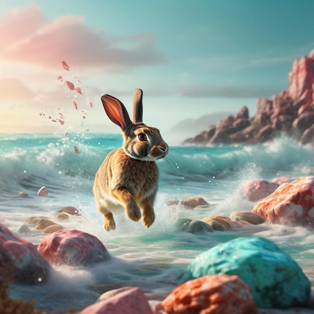 Rabbit Hopping by a Colorful Sea in Digital Art