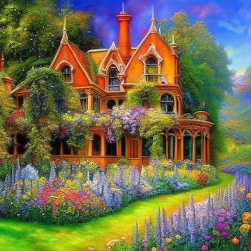 Dreamy Victorian Mansion in Flower Garden, Oil Painting
