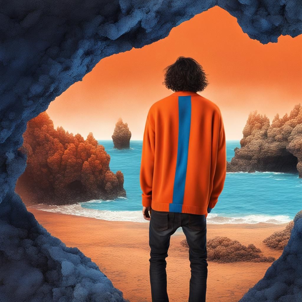 Wanderer Exploring Beach Caves in Collage Style
