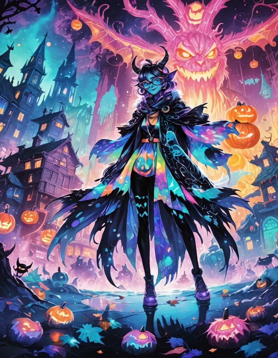 Happy Monster Girl with Glass Pumpkins in Dark Fantasy