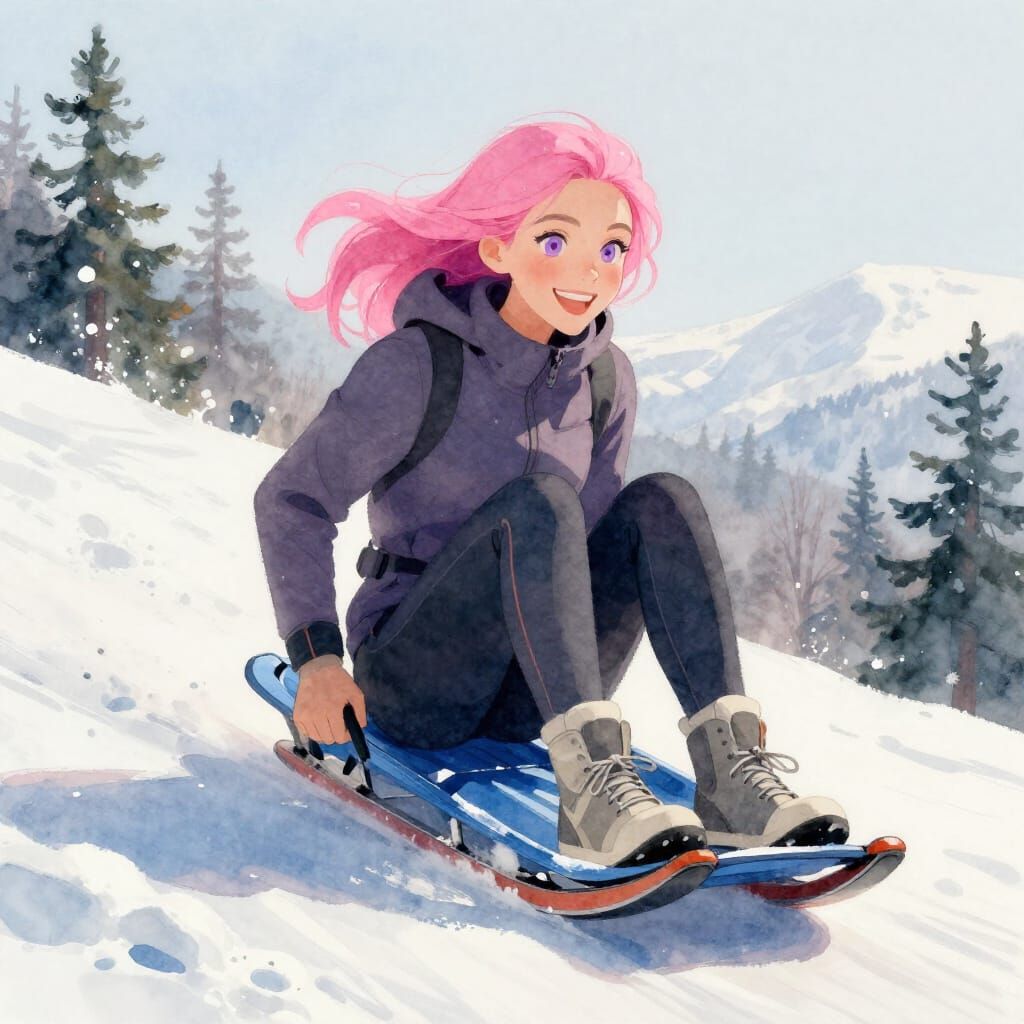 Woman Sledding Down Snowy Hill in Watercolor Style