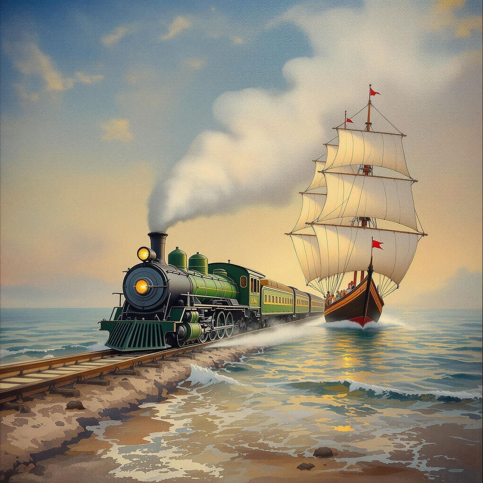 Green Steam Train Races Sailing Boat: Impasto Gouache Style
