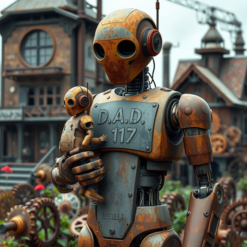Steampunk Android Father and Child in Clockwork Garden