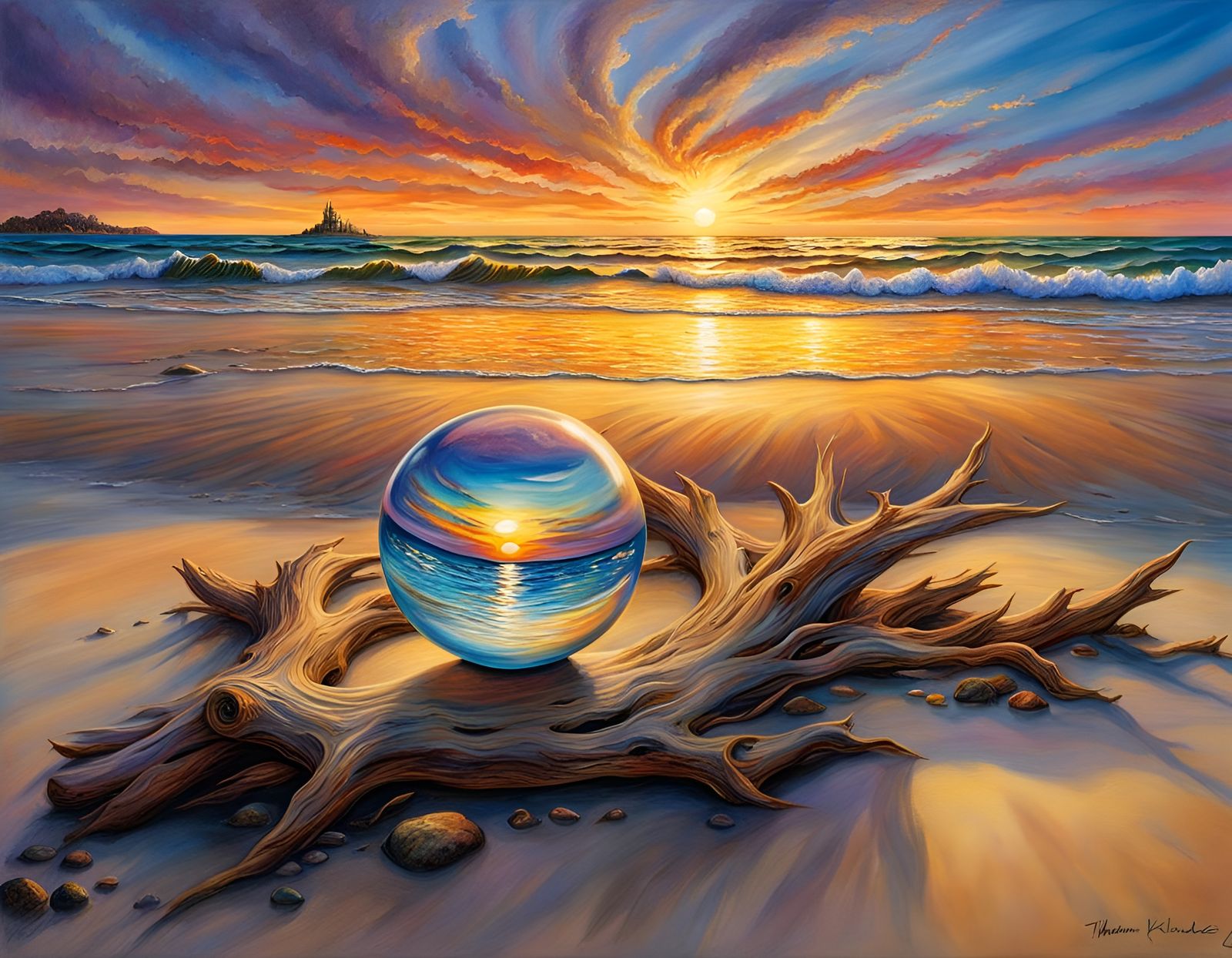 Polychromatic Glass Ball on Beach at Sunset