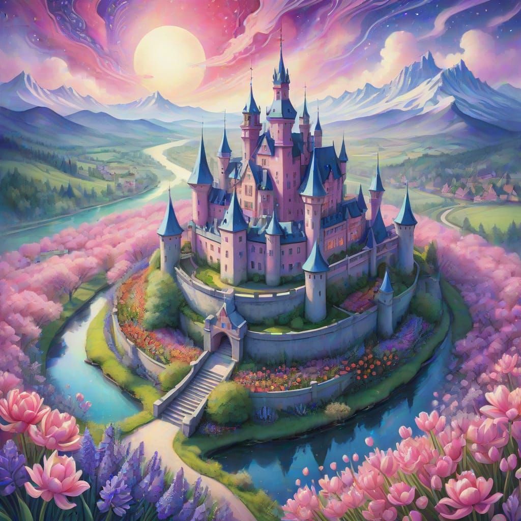 Whimsical Castle Amidst Vibrant Spring Garden in Watercolour...