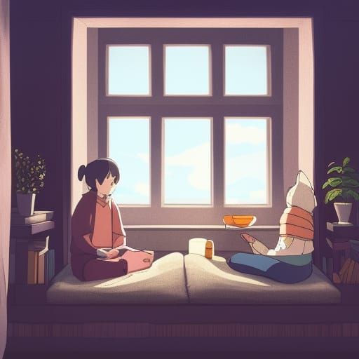 Cozy Living Room Book Nook in Ghibli Style
