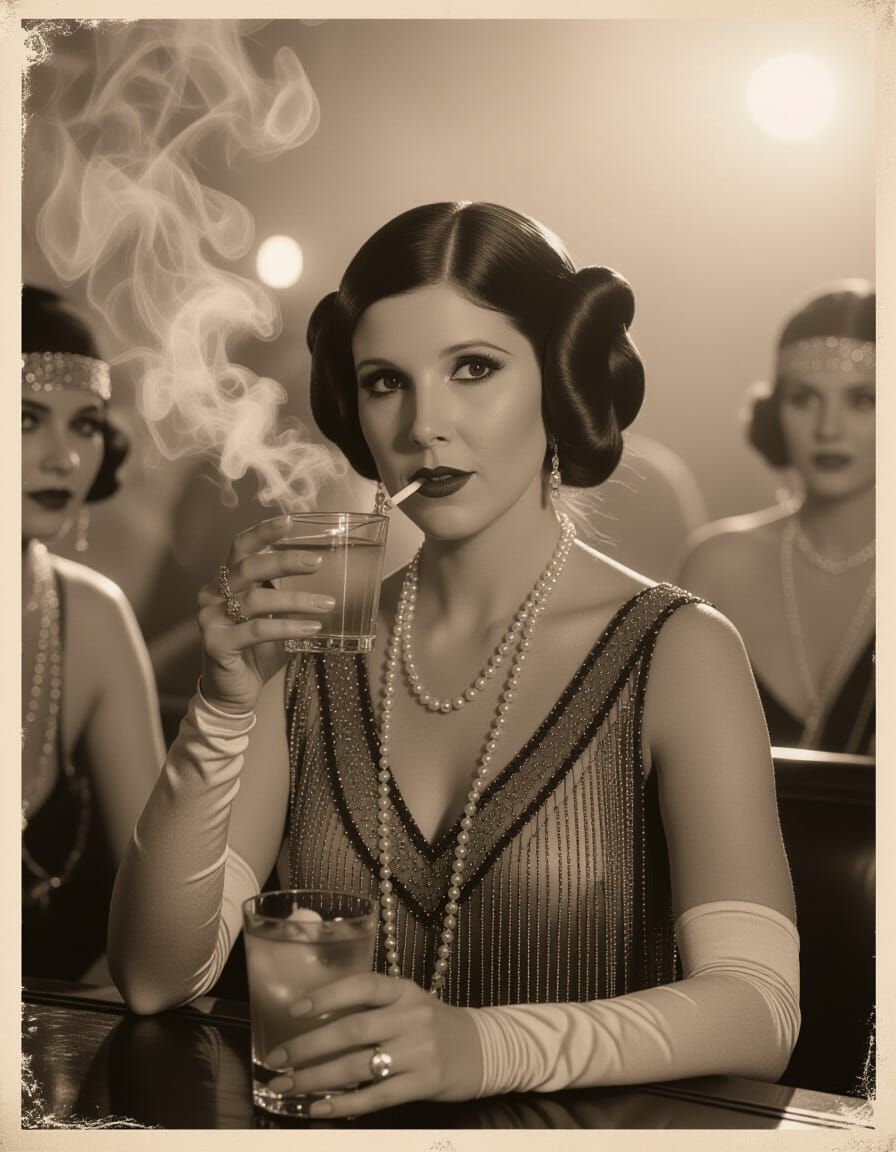 Princess Leia in a 1920s Speakeasy, Sepia Portrait