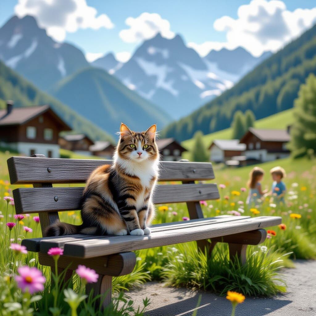 Cat on Bench in Alpine Village Summer Landscape
