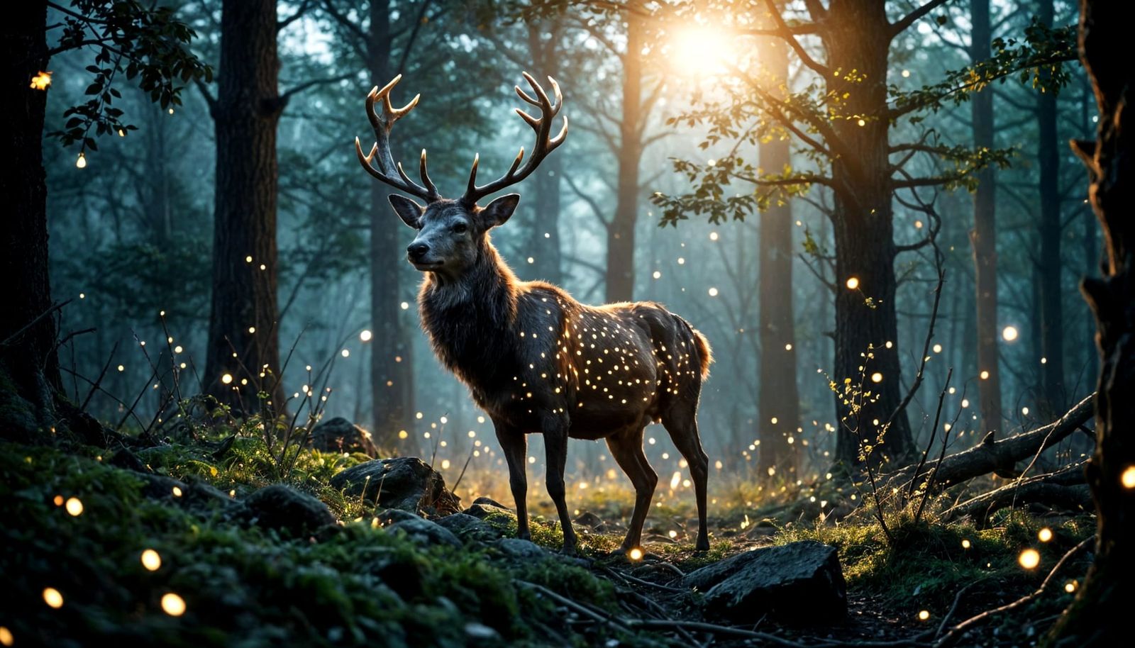 Luminous Stag in Moonlit Forest: Cinematic Still