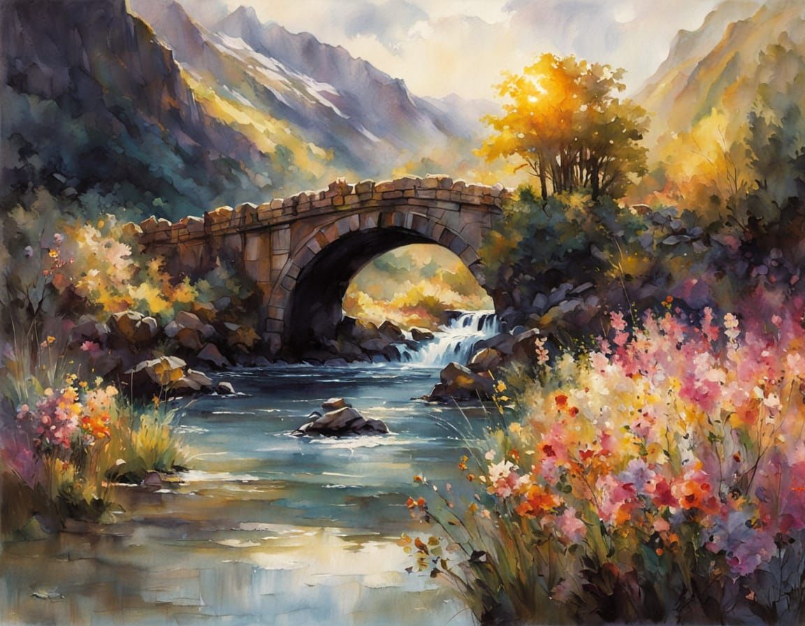 Beautiful Old Stone Bridge in Vibrant Watercolor Style