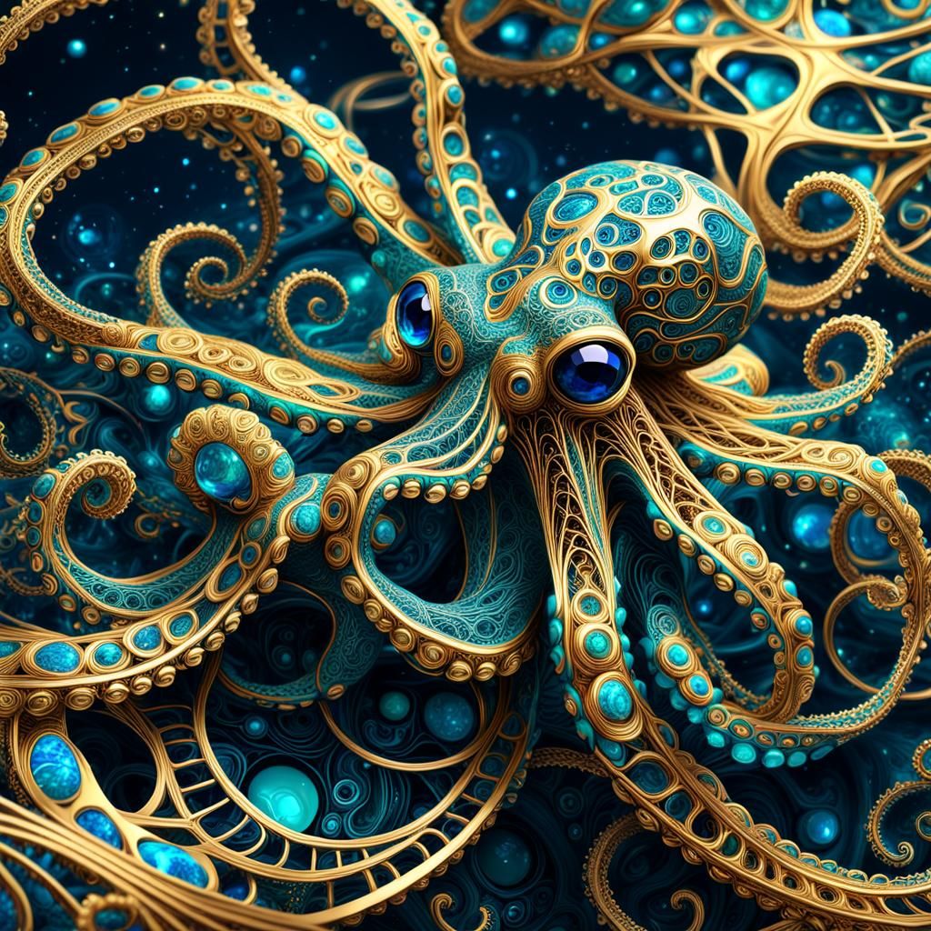 Golden Fractal Octopus in Holographic Style
