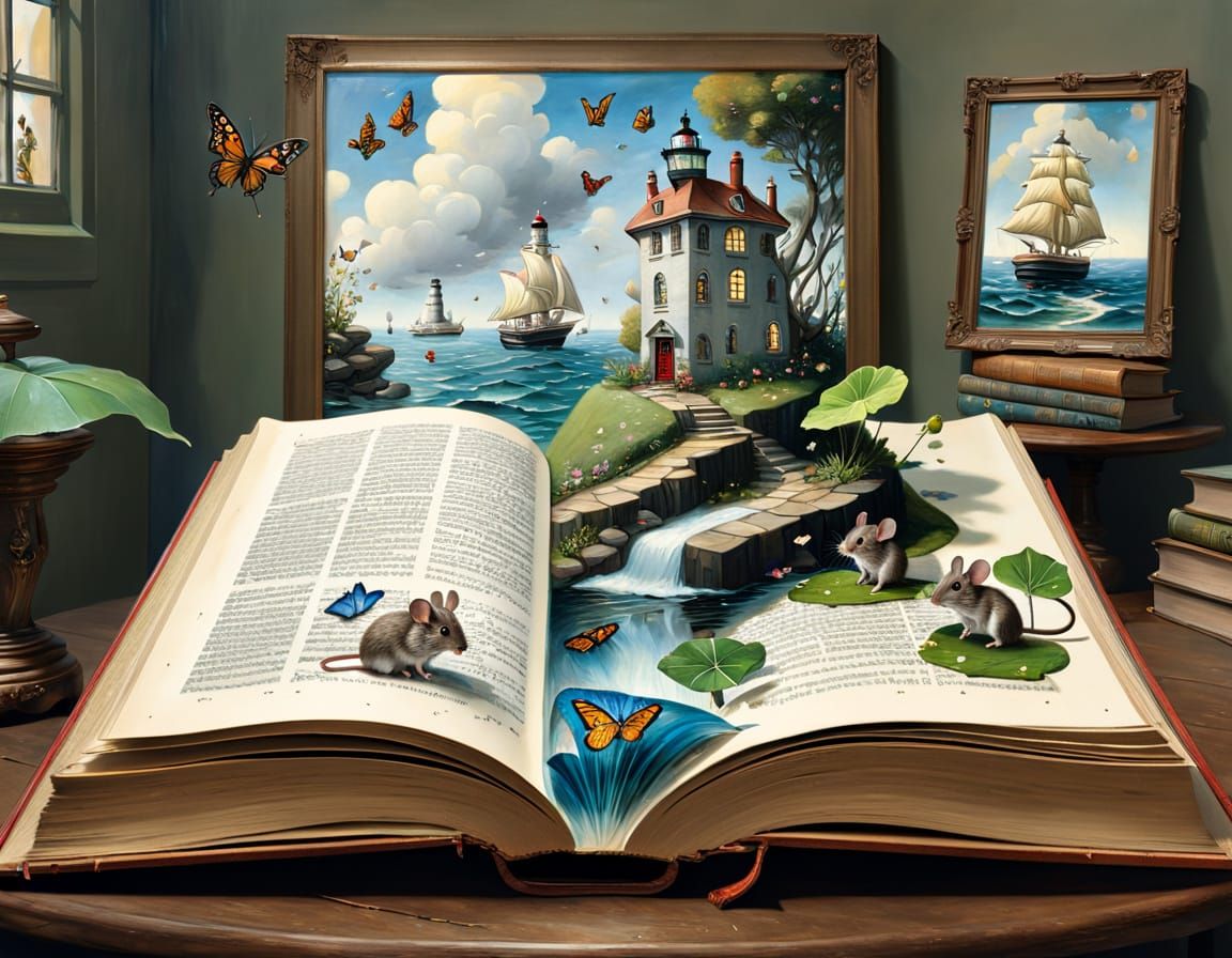 Mice in a Miniature Fantasy World, Oil Painting