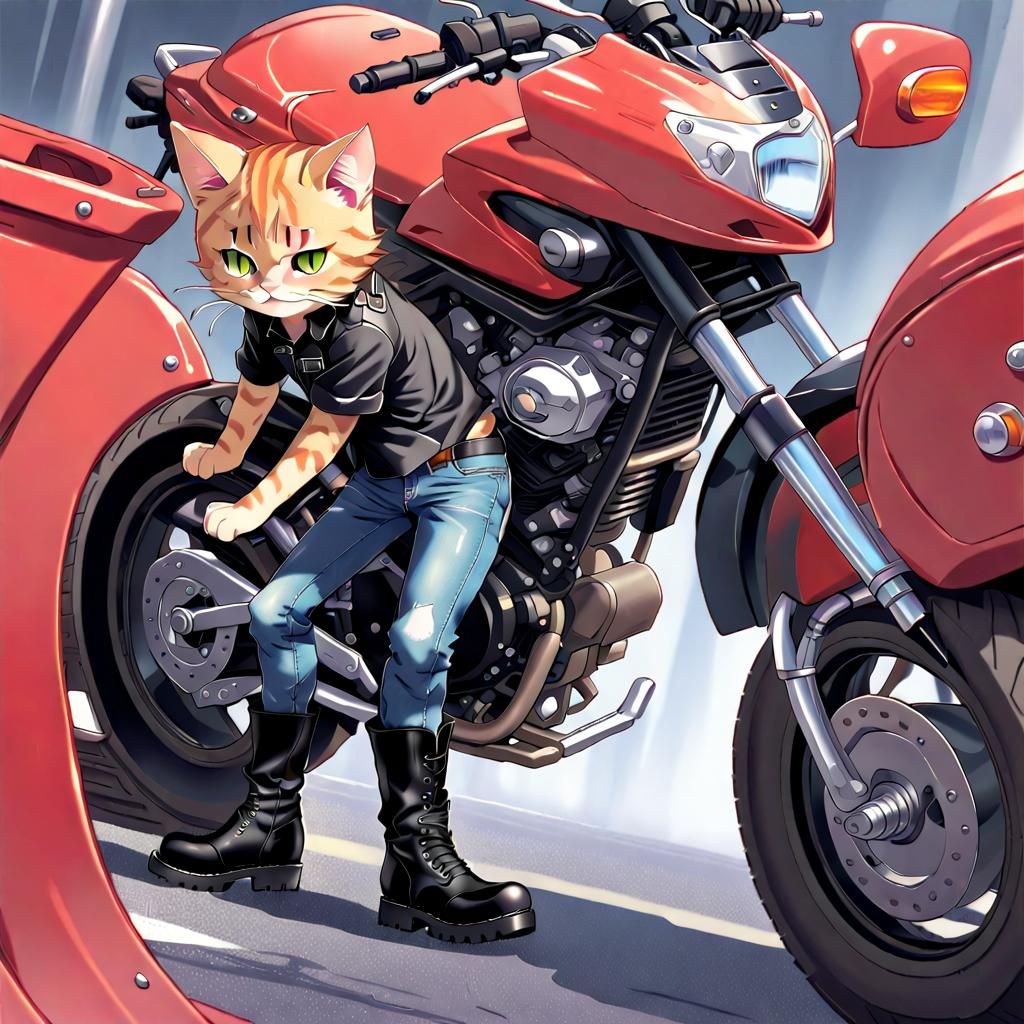 Tabby Cat Rides Motorcycle in Anime Style