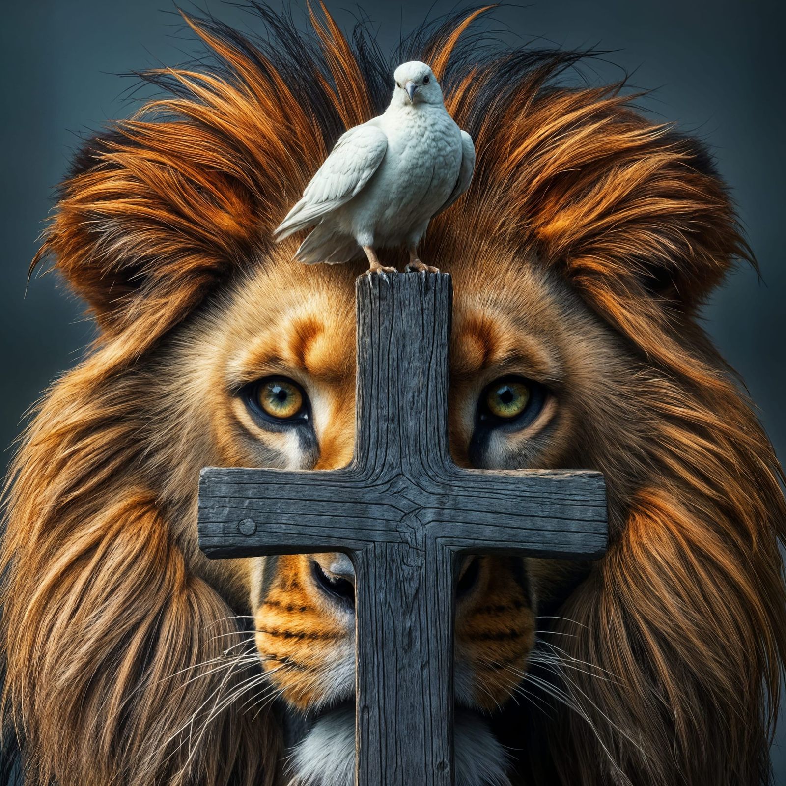 Lion, Dove, and Cross: Hyperrealistic Composition