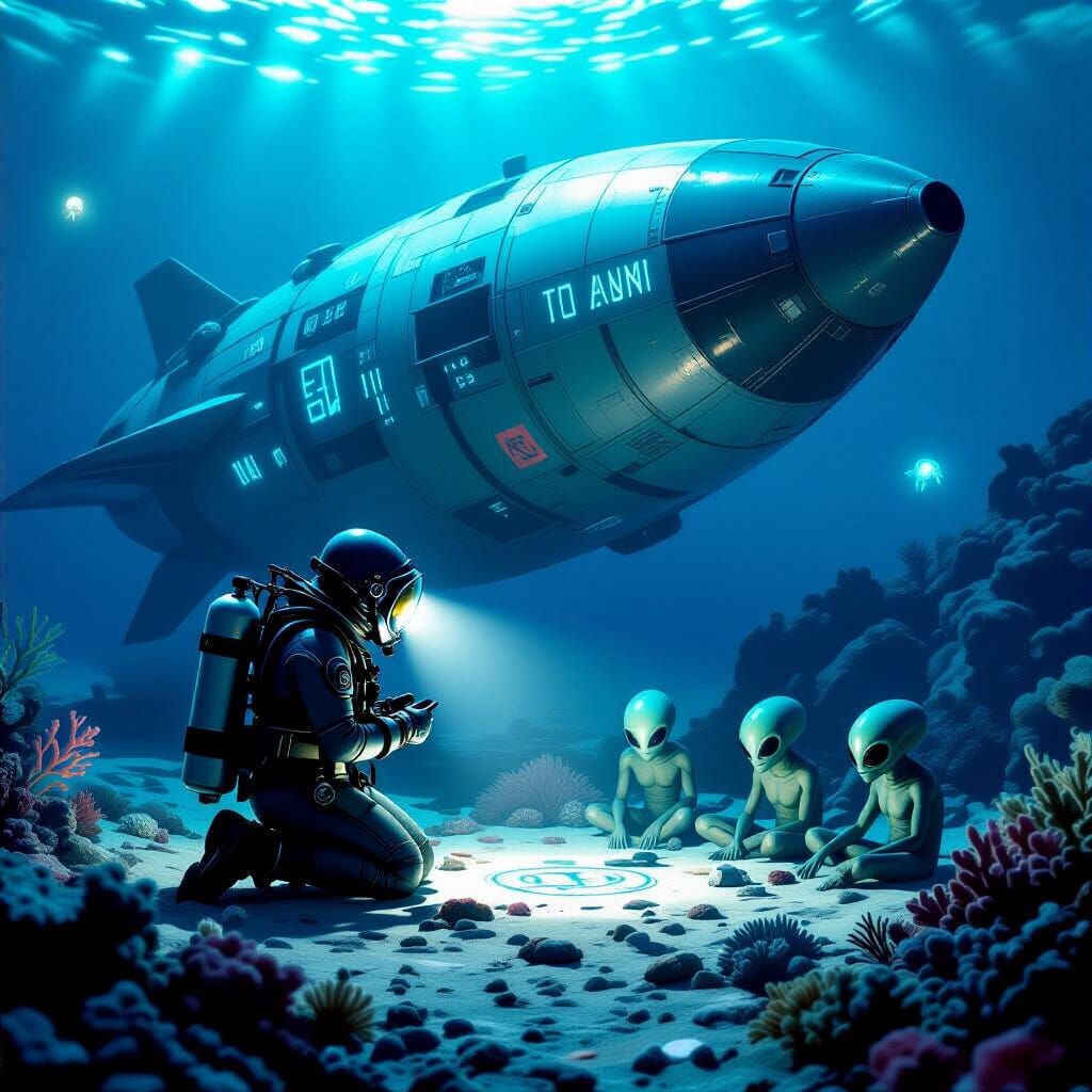 Diver Finds Alien Ship in Deep Sea Matte Painting