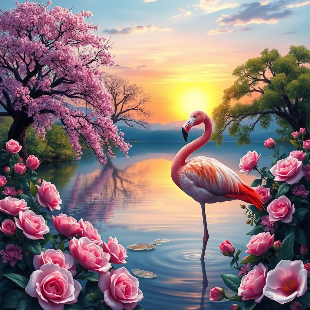 Hyper-Realistic Pink Flamingo in Sunset Water Scene