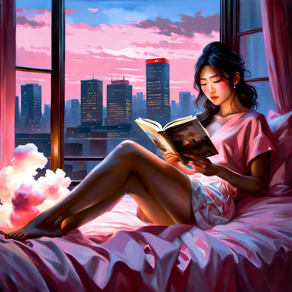 Japanese Girl Reading in Pink Bedroom, Ultra Realistic