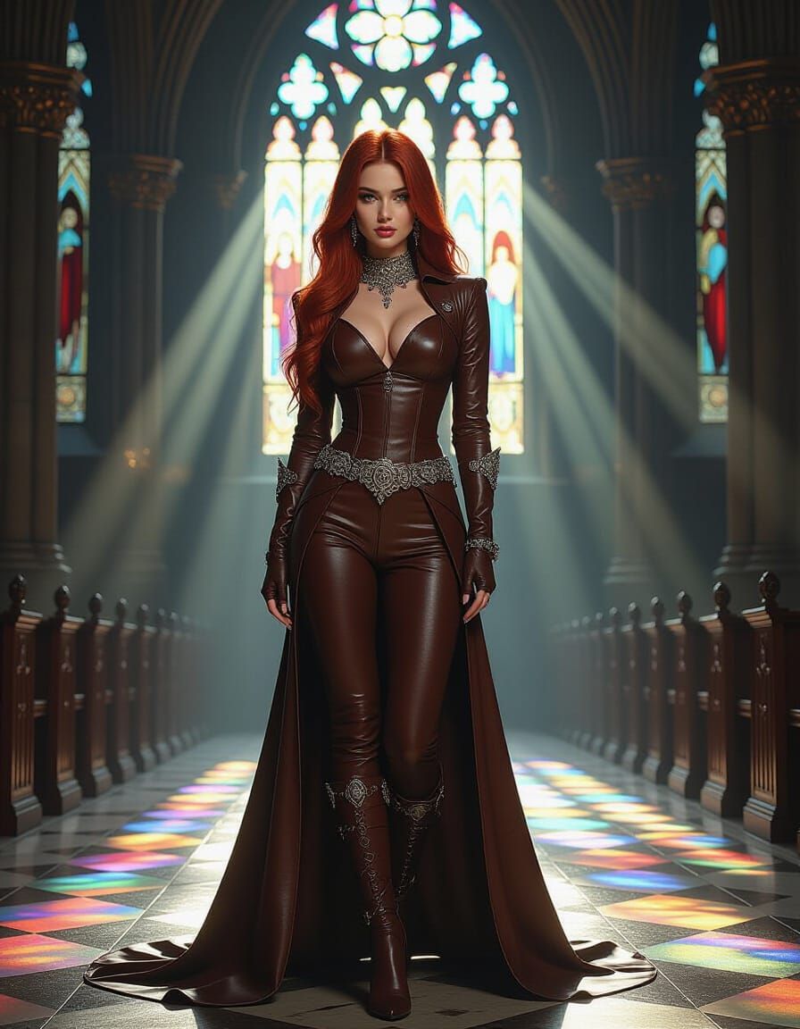 Gothic Cathedral: Woman in Leather Catsuit