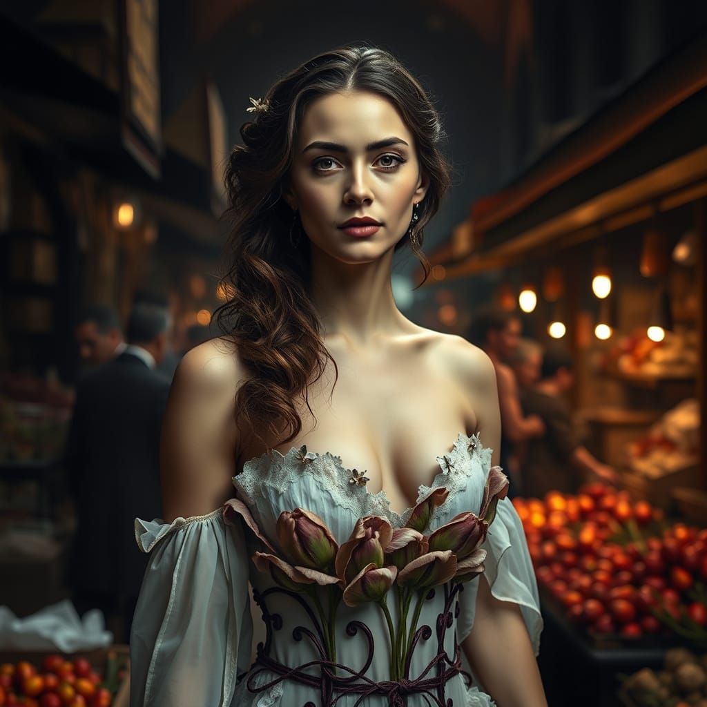 Baroque Floral Woman in Chaotic Market Scene