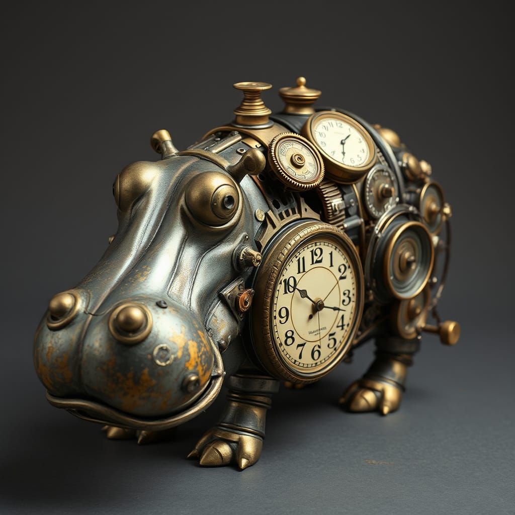 Steampunk Hippopotamus Sculpture Made of Clocks