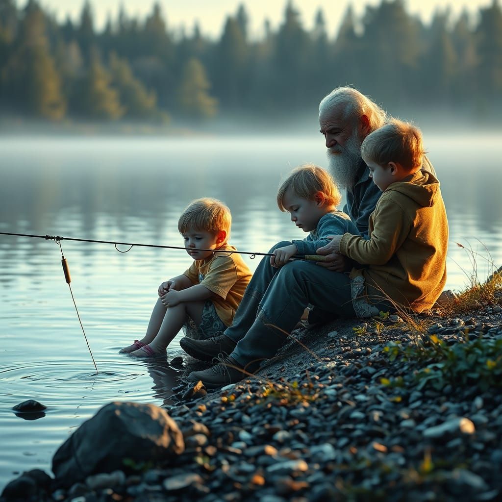 Grandpa Teaches Grandchildren Fishing on a Lake Shore