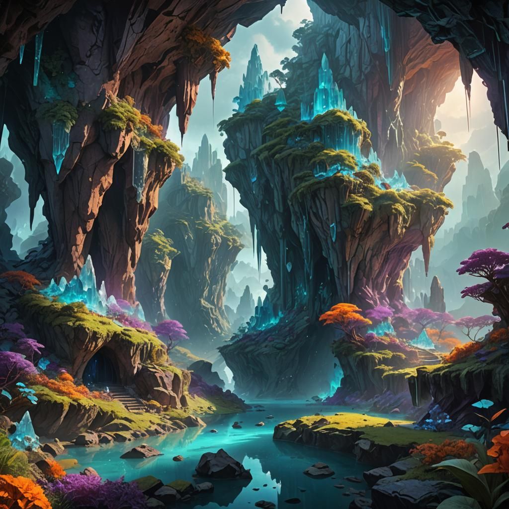 Lush Crystal Caves: High Fantasy Landscape Art