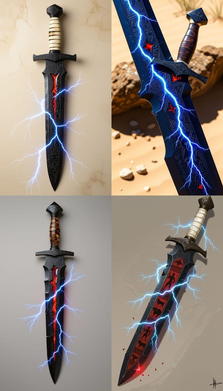 Black Diamond Sword with Glowing Nguni Murals and Lightning