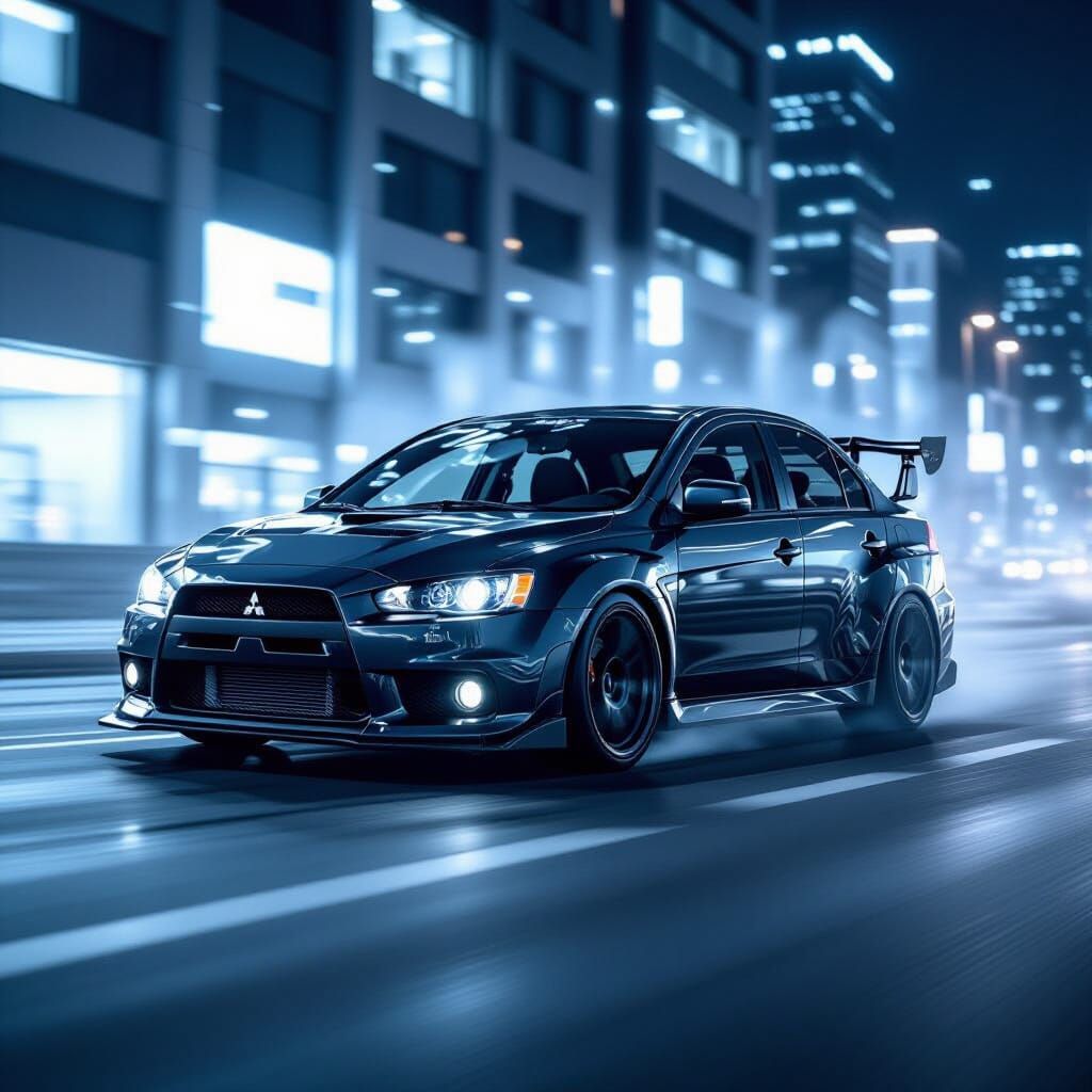 Tuned Black Evo X Races Through City at Night