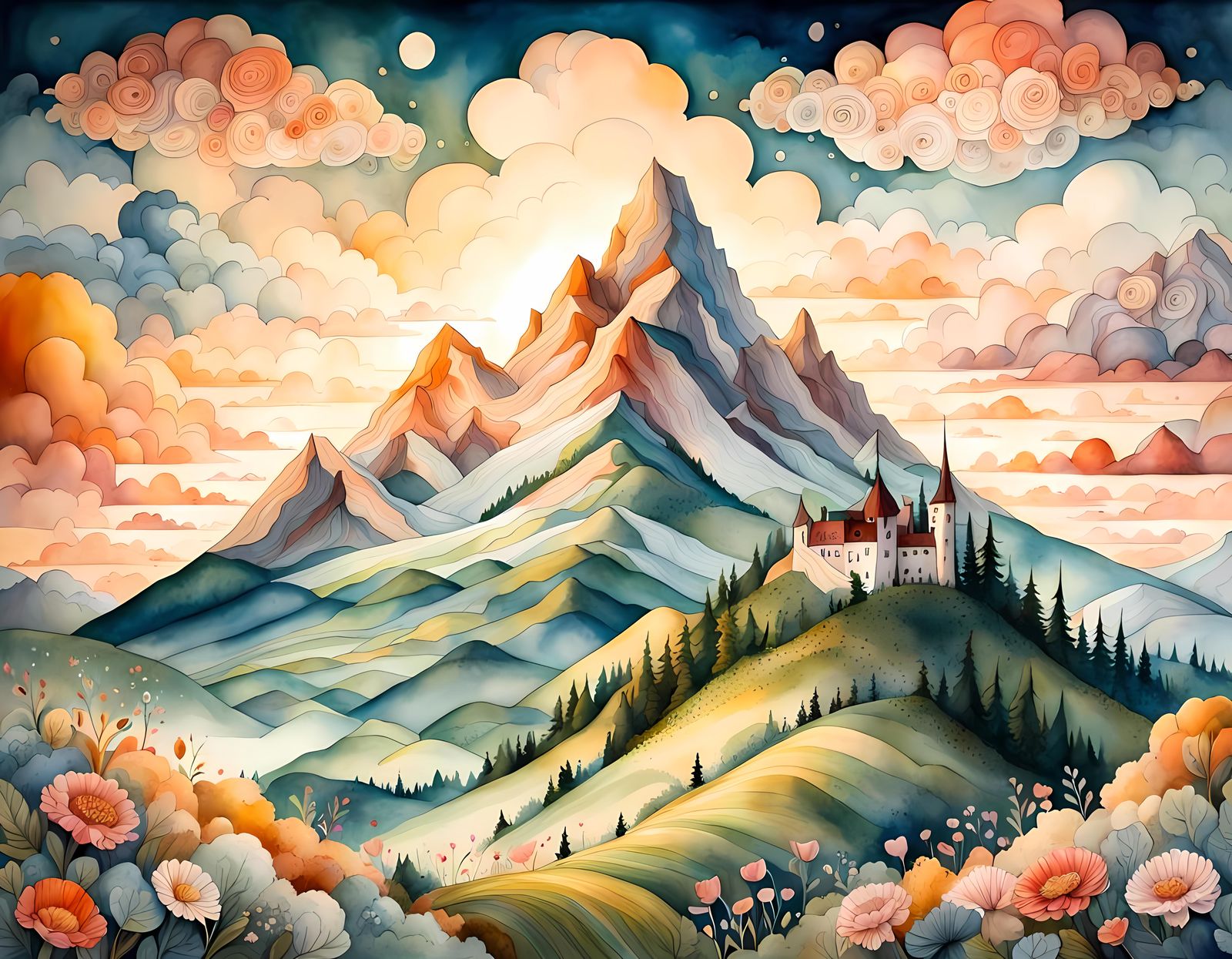 Mountains Sunrise in Watercolor Style
