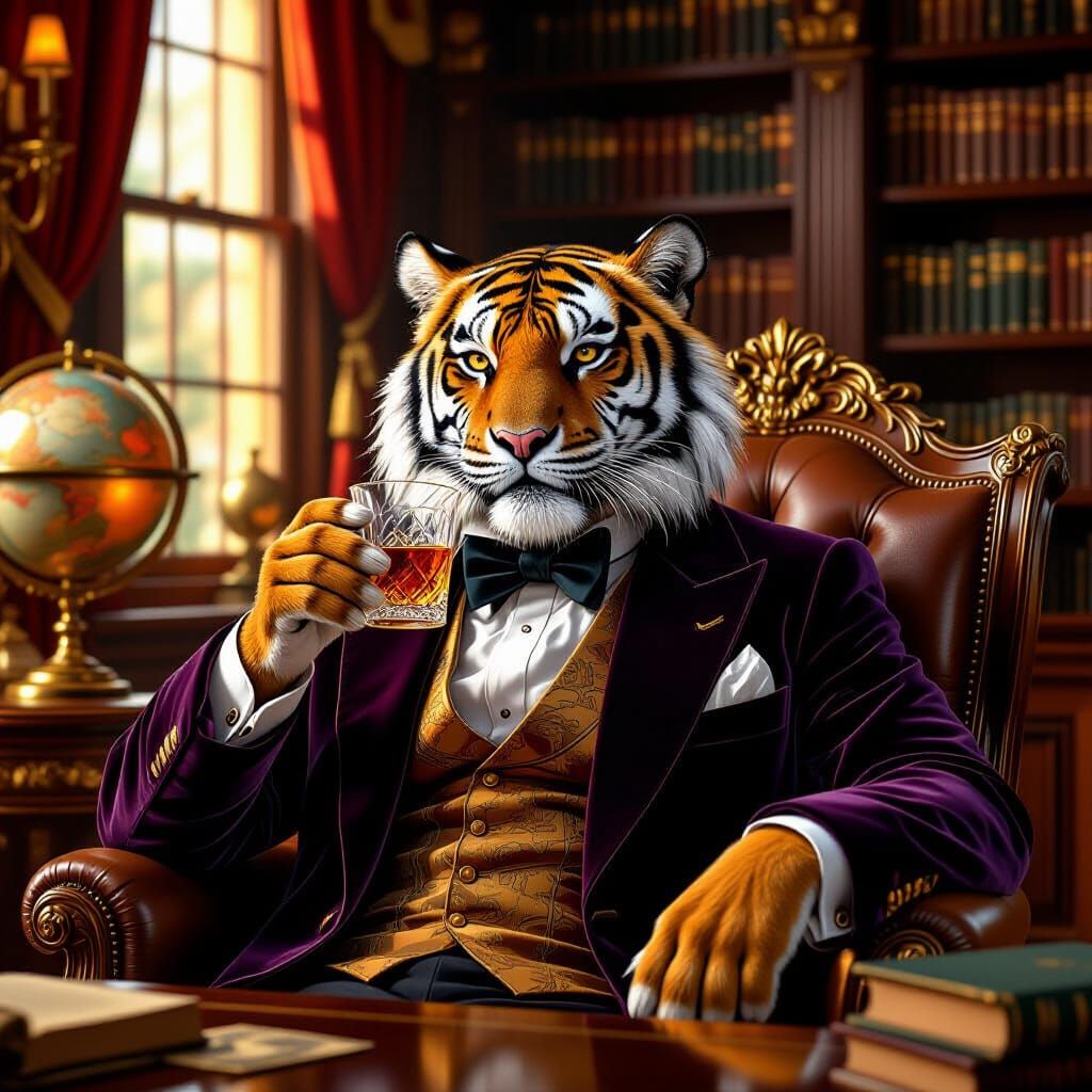 Elderly Tiger Sipping Brandy in Library, Hyperrealistic Anim...
