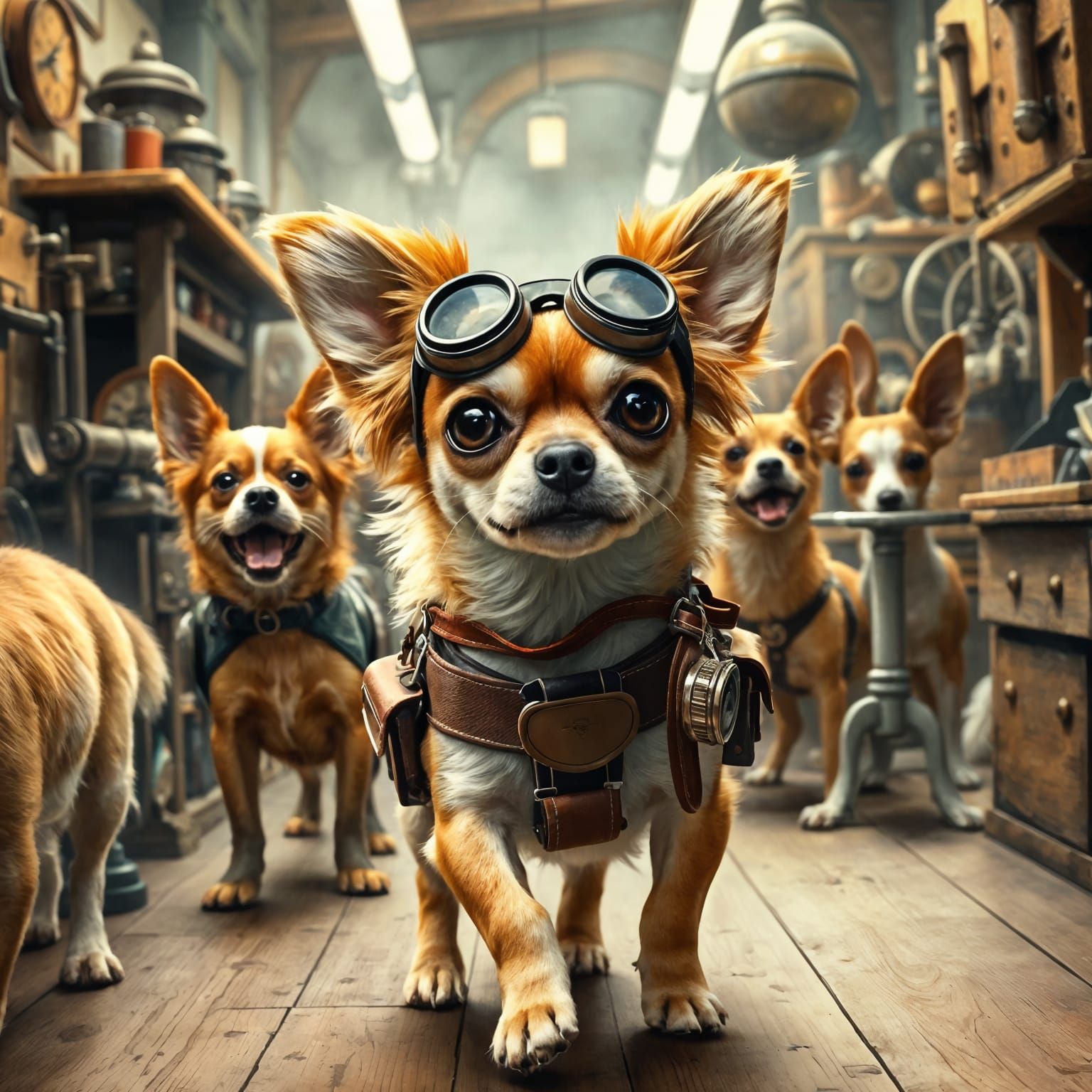 Whimsical Steampunk Dogs in Victorian Workshop