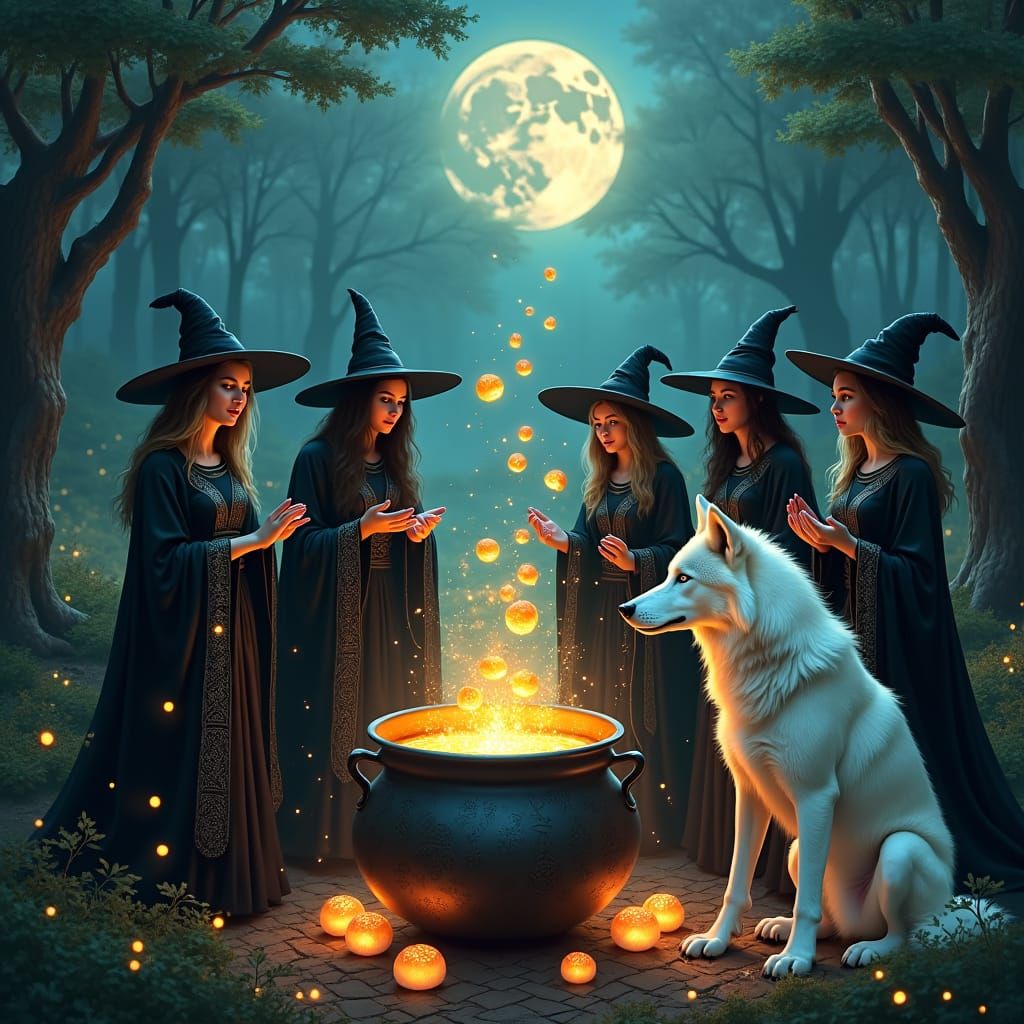 Witches Brewing Potion in Mystical Forest