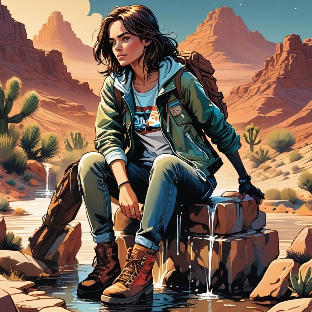 Woman Hiker in Desert Fountain: Comic Book Art