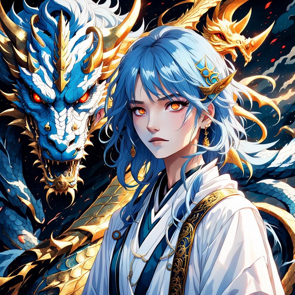 Surreal Fantasy Goddess Embracing Her Menacing Blue Dragon C...